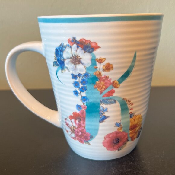 LISA AUDIT Letter "K" Initial Monogram Ceramic Mug ~ Floral Motif ~ Ribbing - Picture 3 of 13